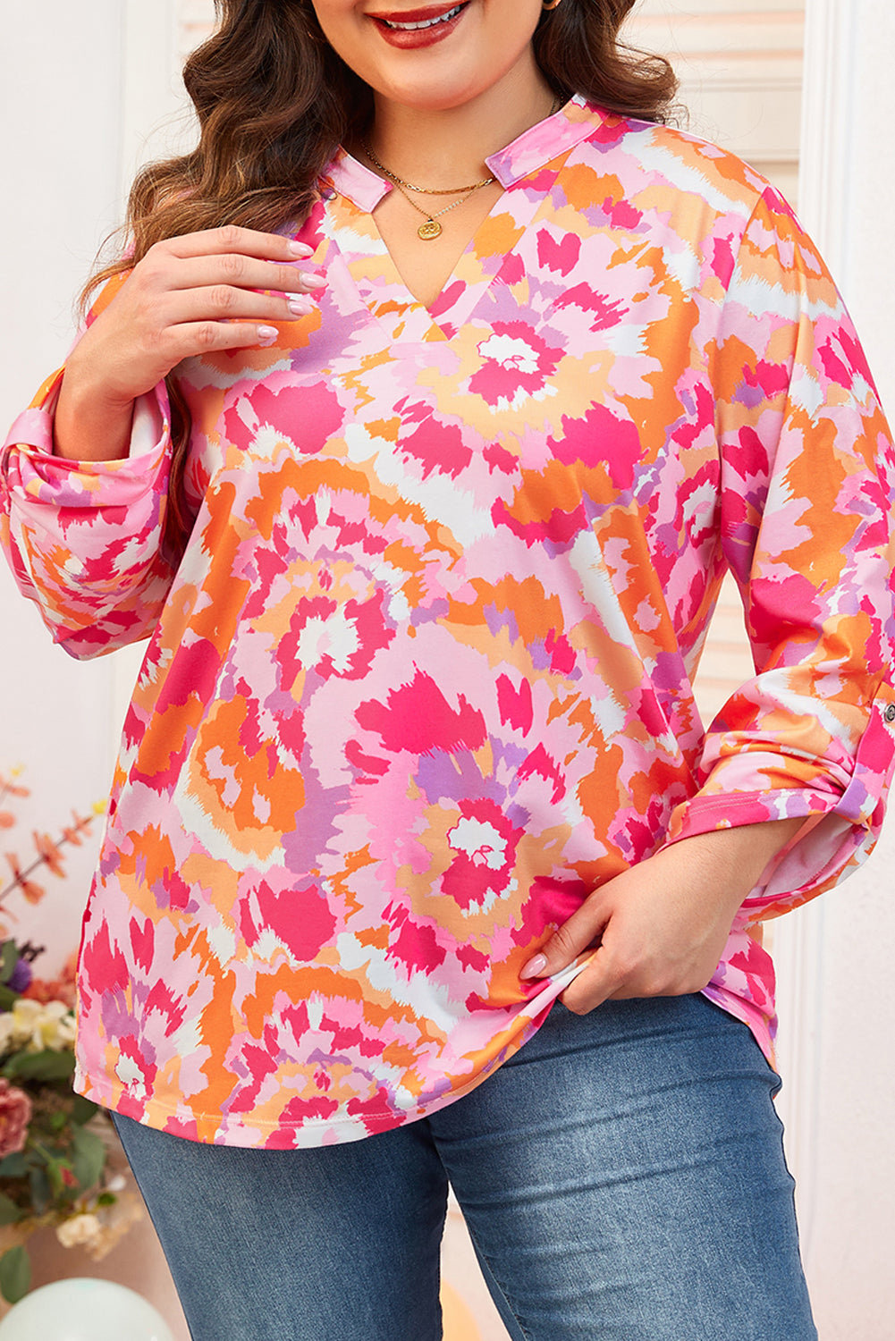 Chic pink floral plus size v neck blouse for effortless style