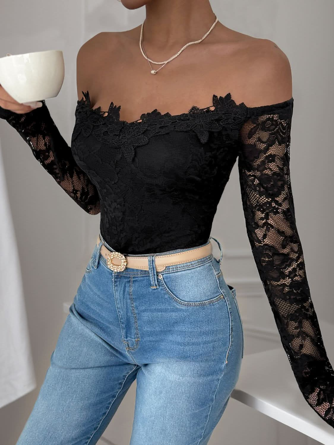 Lace allure off-shoulder bodysuit with long sleeves