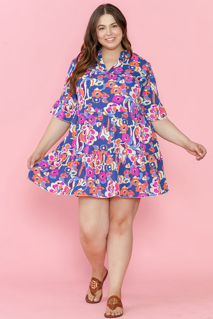 Chic blue floral ruffled mini dress with 3/4 sleeves for plus sizes