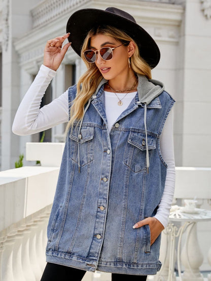 Drawstring Hooded Sleeveless Denim Top with Pockets.