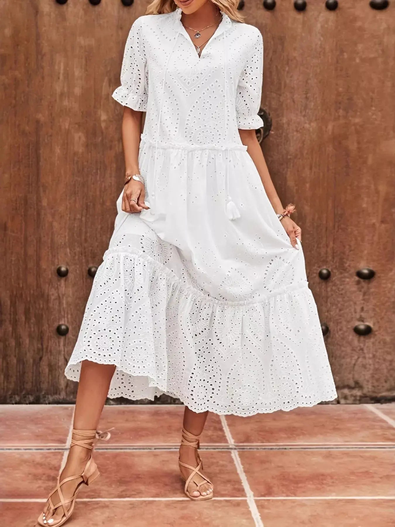 Eyelet Tie Neck Half Sleeve Midi Dress Simply Love