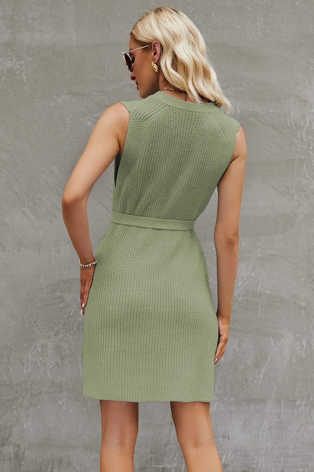 Tied Round Neck Sleeveless Sweater Dress.