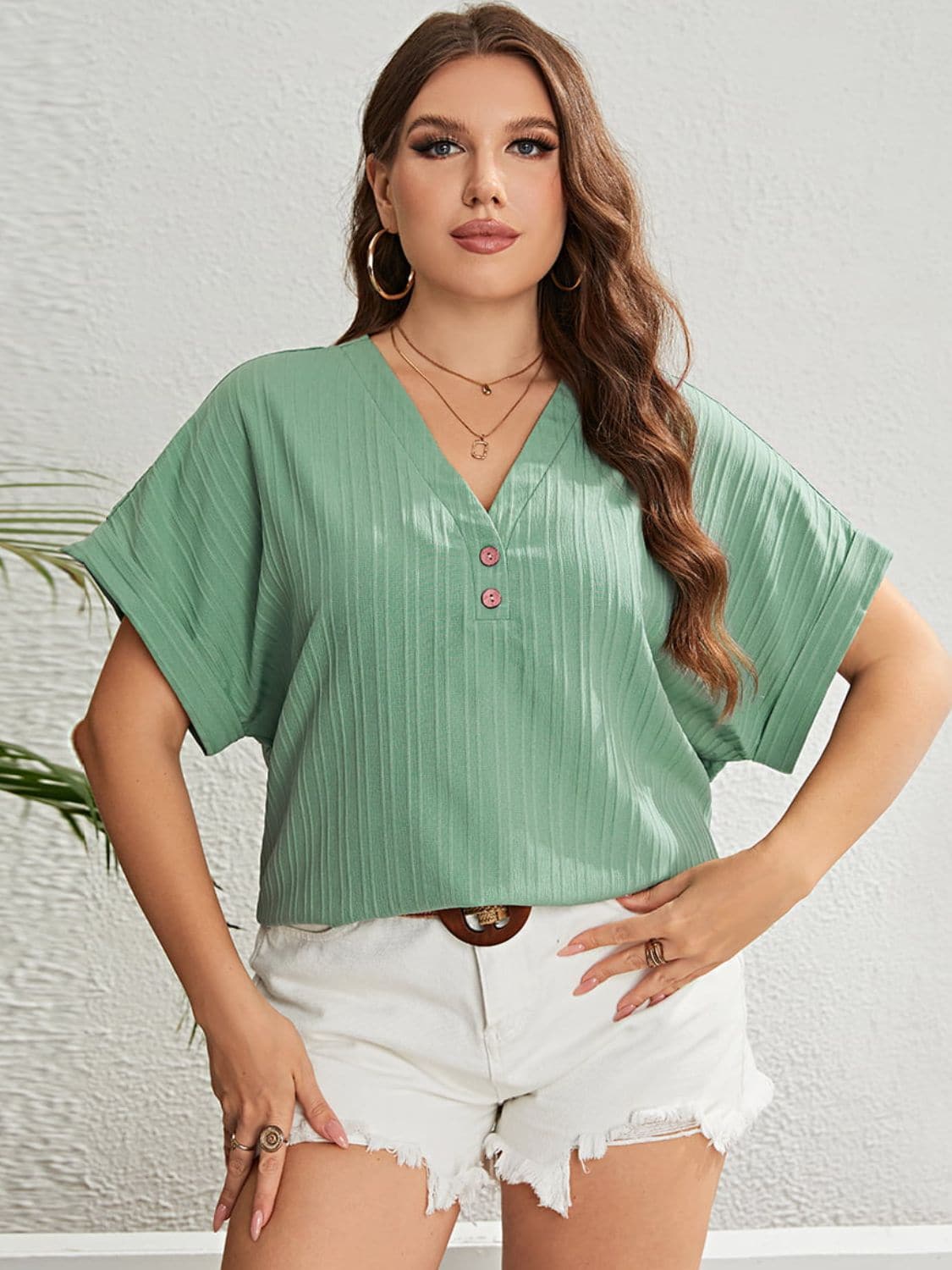 Plus Size Buttoned V-Neck Short Sleeve Top.