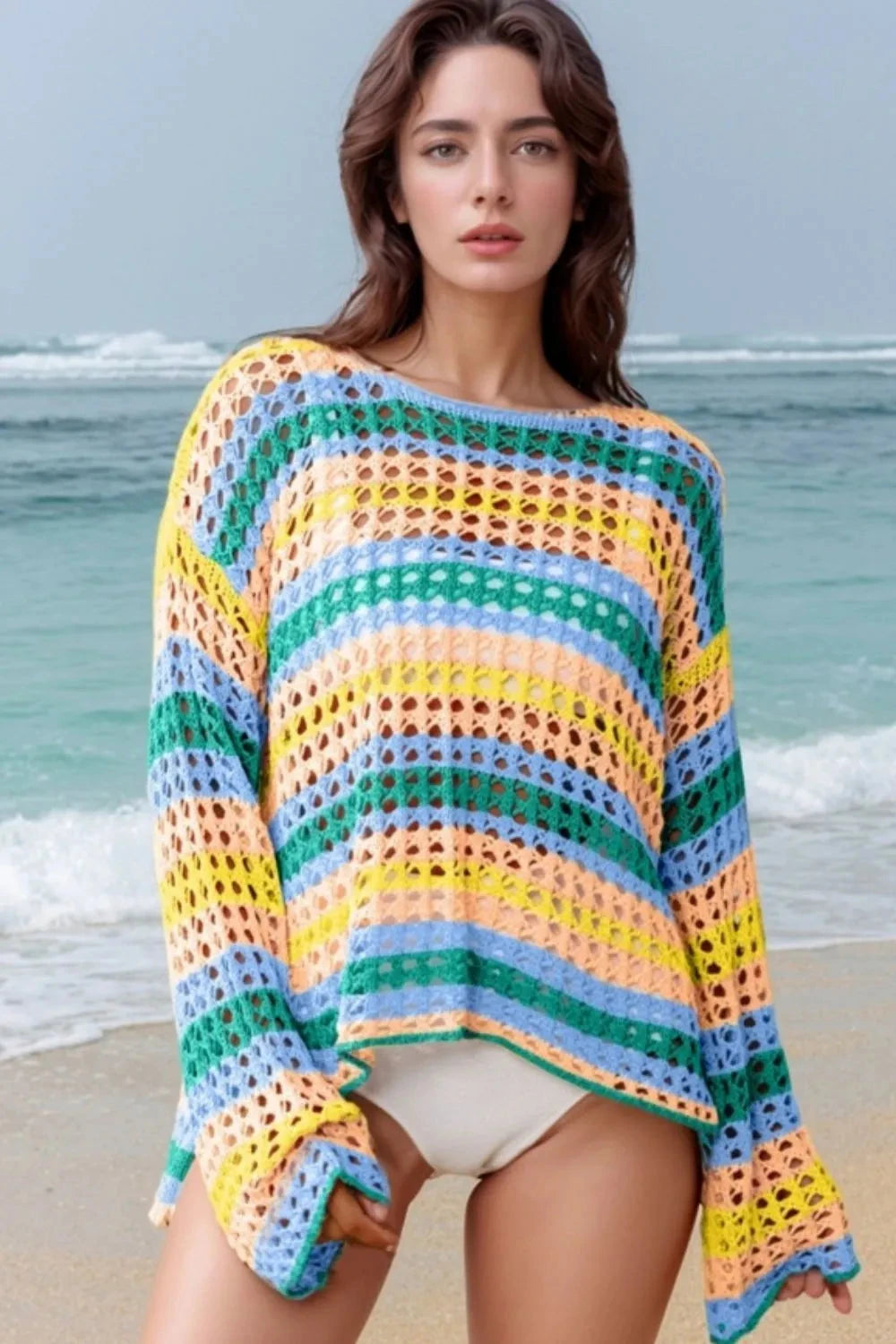 Openwork Round Neck Long Sleeve Knit Cover Up Simply Love