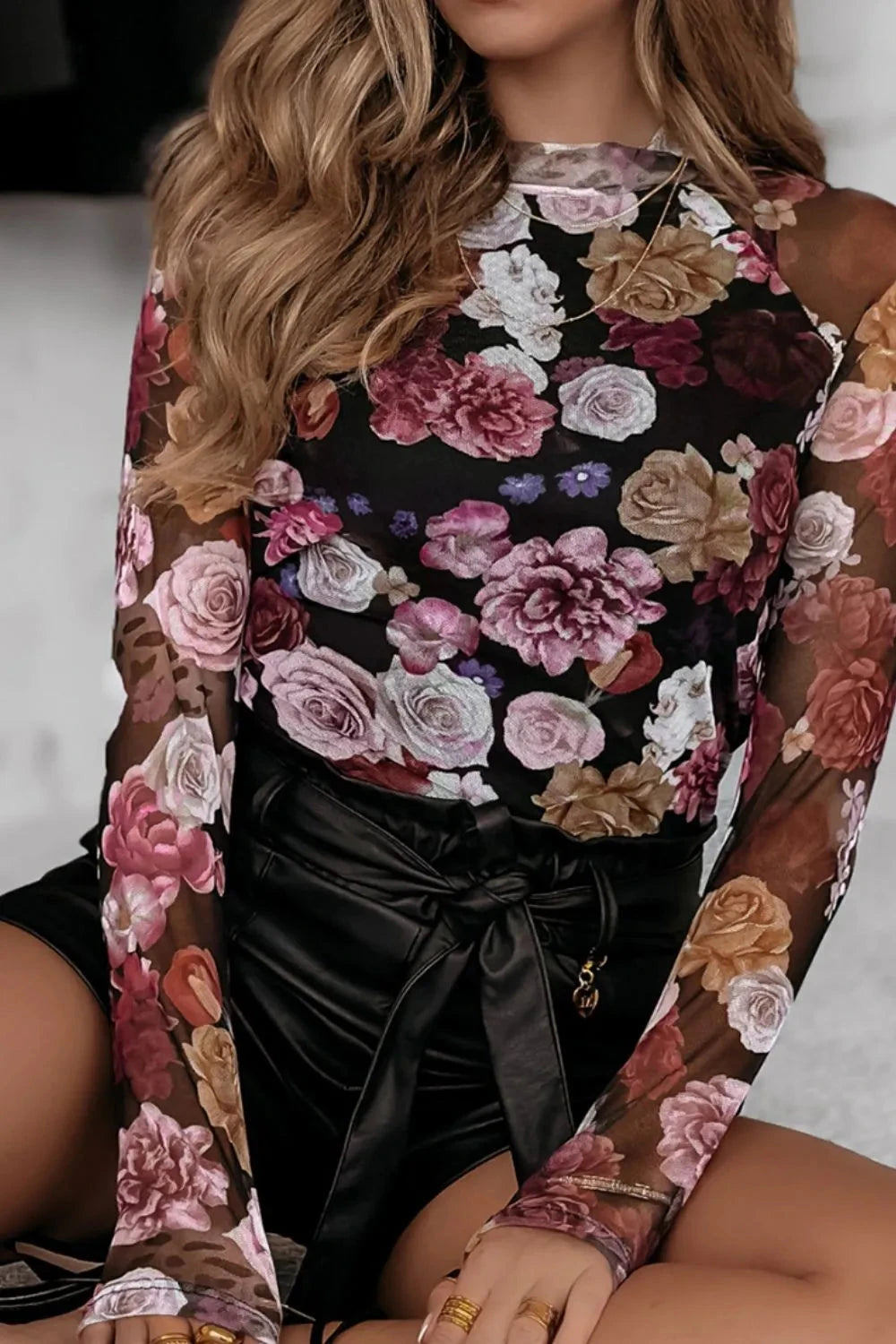 Floral Mock Neck Long Sleeve Mesh Top Sheer Floral Print With Slight Stretch For Evening Wear Coco’s Tee Boutique