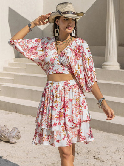 Printed Half Sleeve Top and Layered Skirt Set.