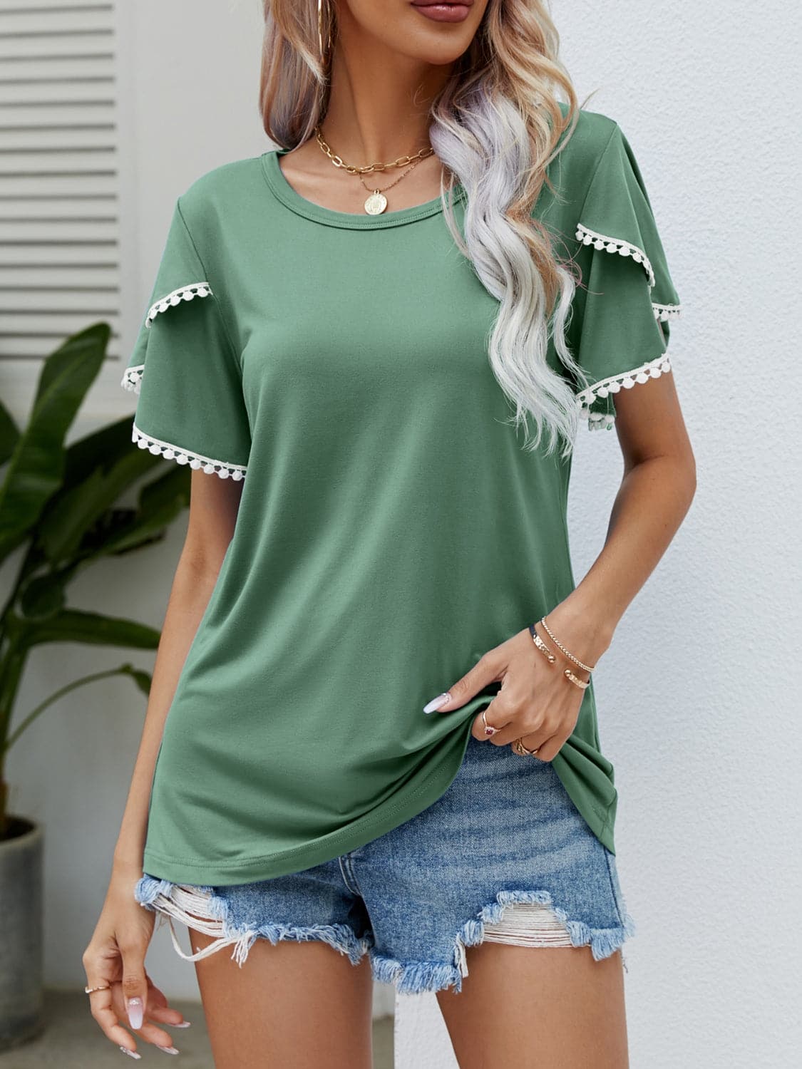 Pom-Pom Trim Flutter Sleeve Round Neck T-Shirt.