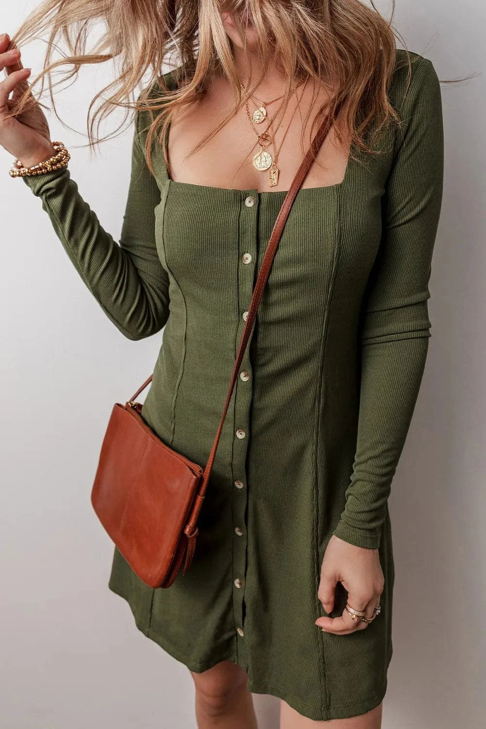 Chic square neck long sleeve dress