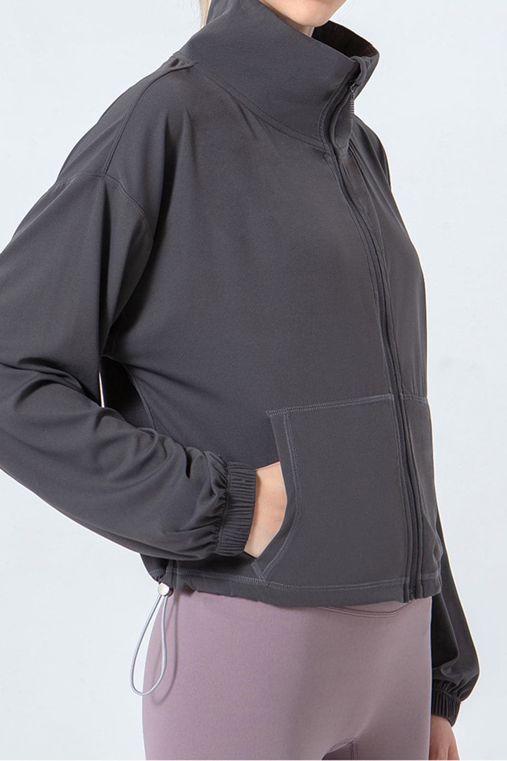 Drawstring Zip Up Dropped Shoulder Active Outerwear.