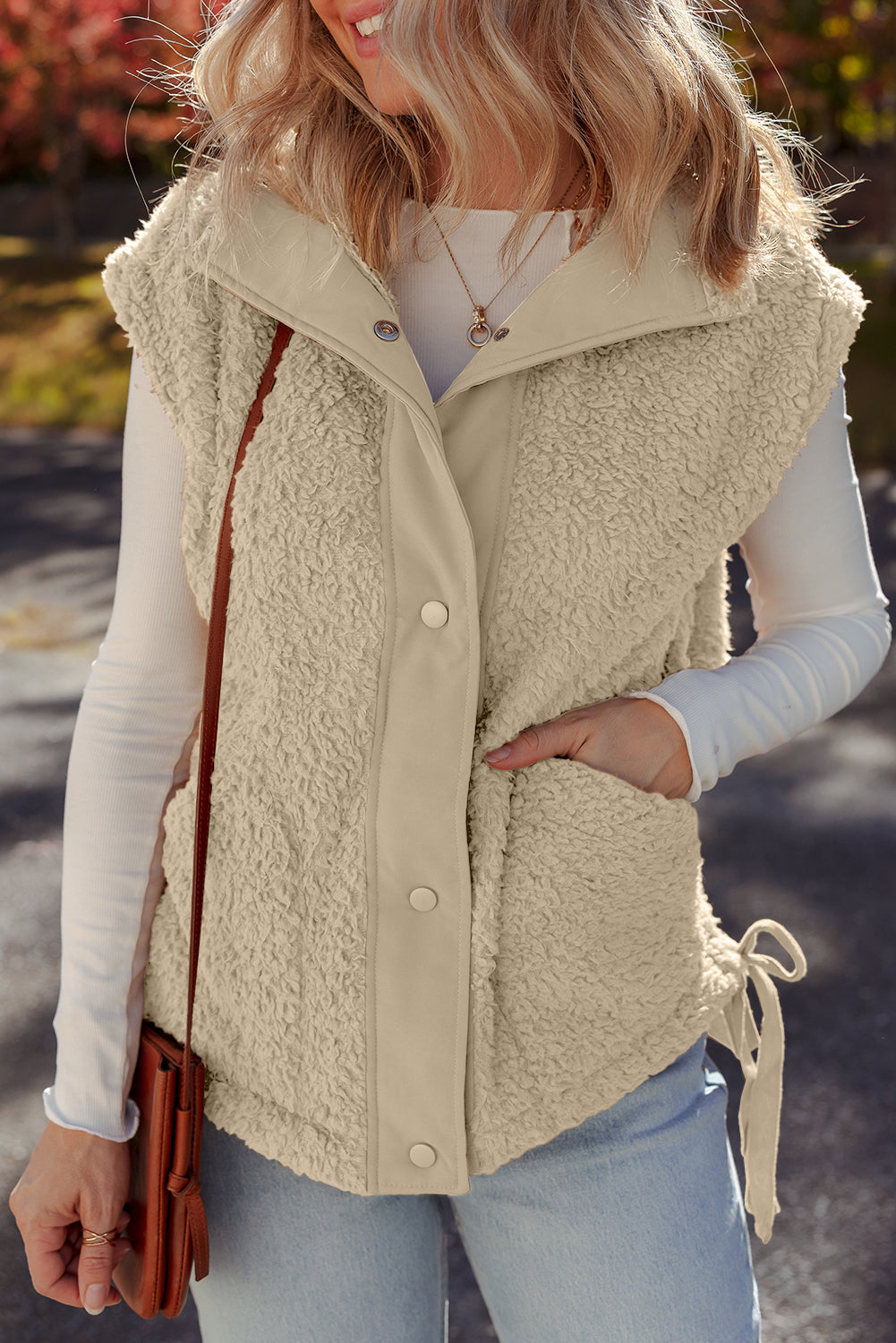 Beige Faux Fur Snap Button Front Knot Side Plush Vest With Pockets Dear-Lover Dropshipping