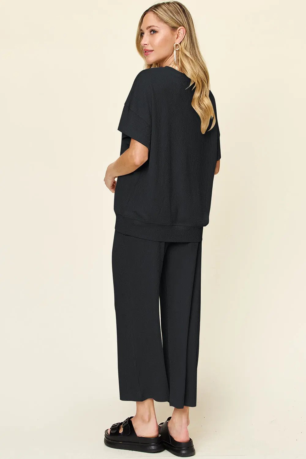Double Take Full Size Texture Round Neck Short Sleeve T-Shirt and Wide Leg Pants - Love Salve