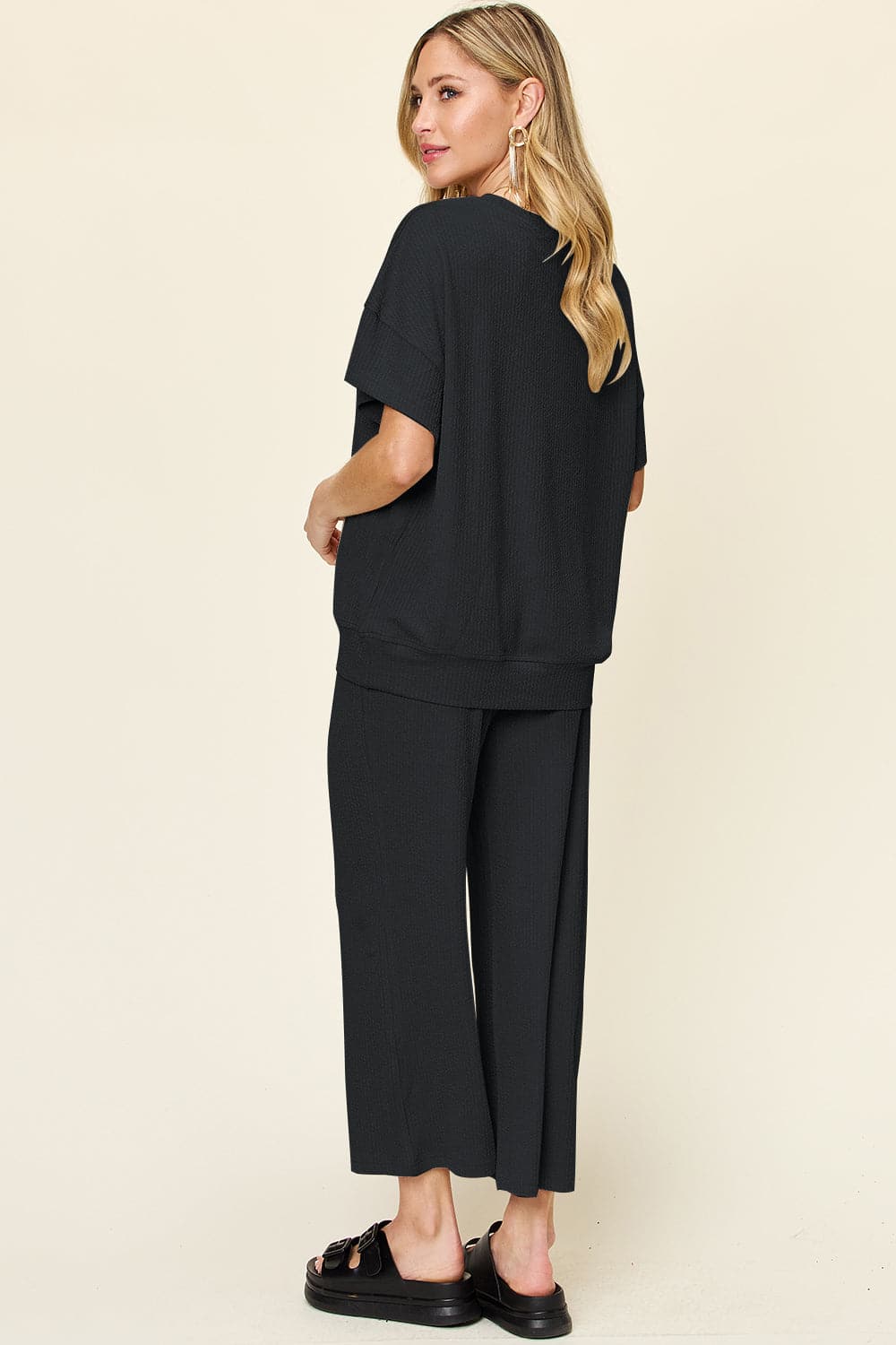 Double Take Full Size Texture Round Neck Short Sleeve T-Shirt and Wide Leg Pants.