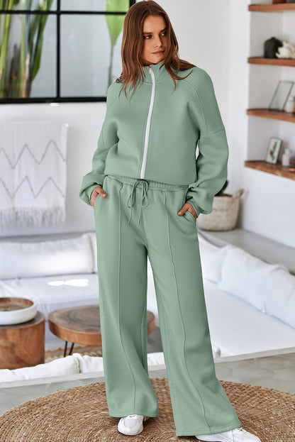 Premium Clearly Aqua Drop Shoulder Zip Up Jacket And Pants 2pcs Set