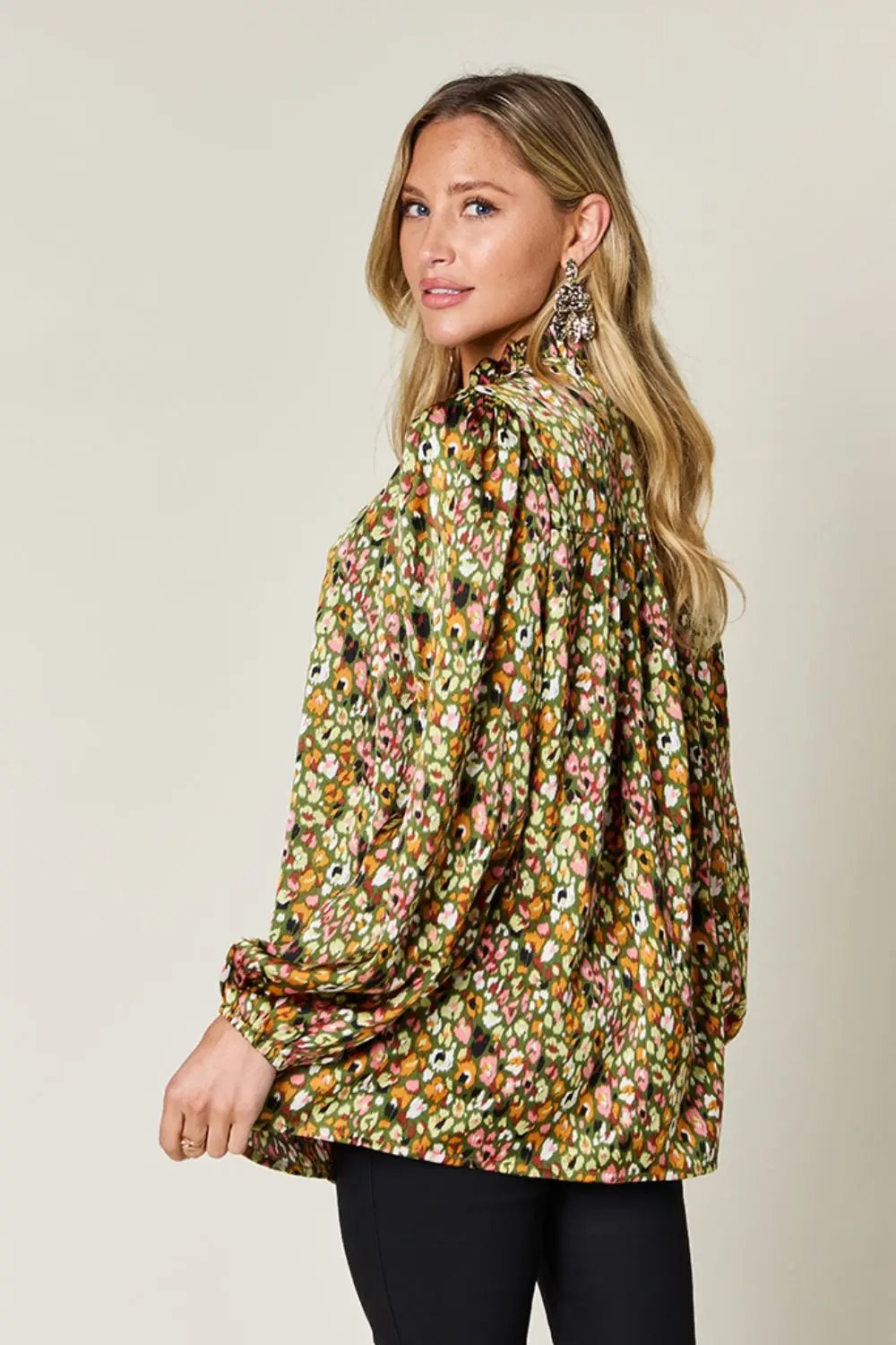 Double Take Full Size Printed Long Sleeve Blouse - Love Salve