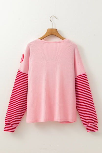 Color Block Pink Floral Textured Top with Striped Sleeves