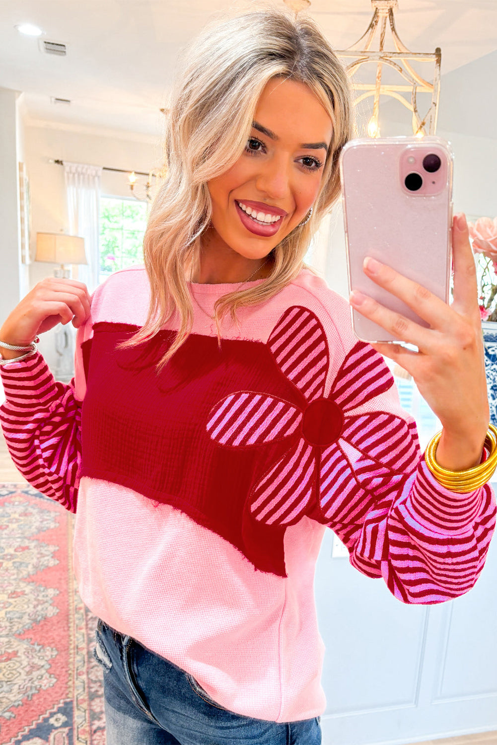 Color Block Pink Floral Textured Top with Striped Sleeves