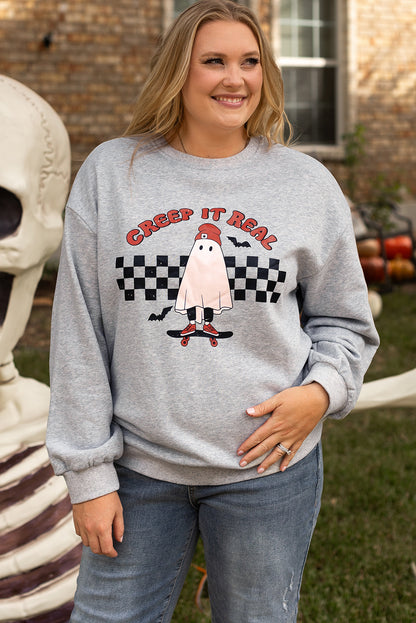 Light Grey Plus Size Ghost Print Sweatshirt for Spooky Style