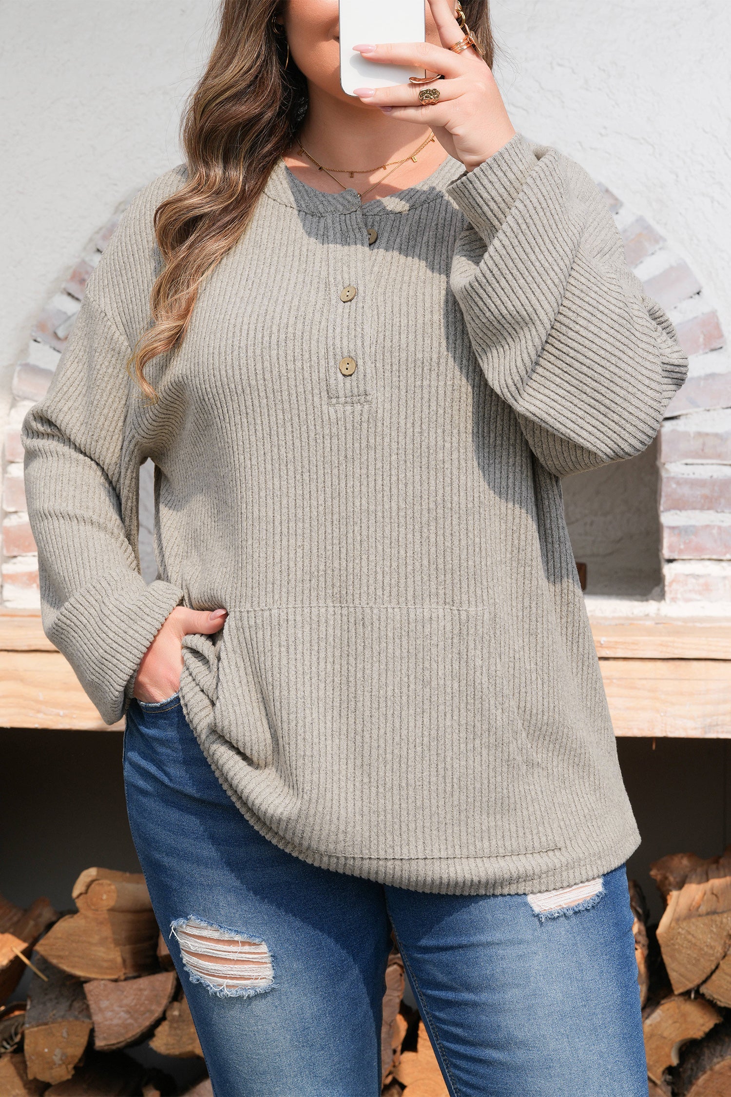 Simply Taupe Plus Size Ribbed Knit Kangaroo Pocket Henley Long Sleeve Top Dear-Lover Dropshipping
