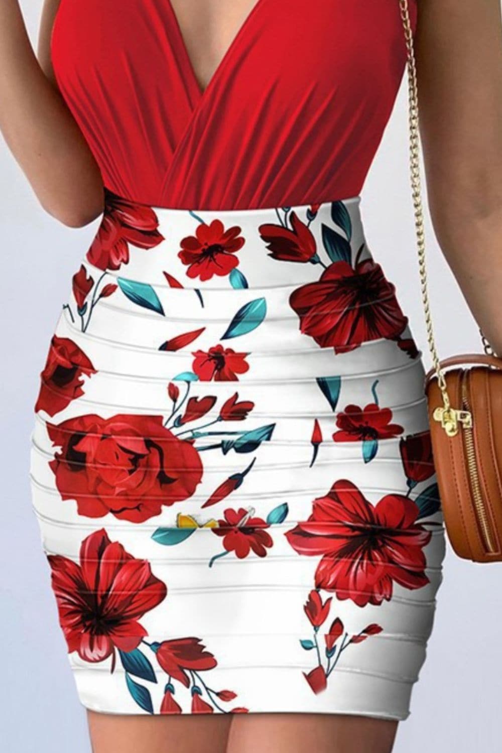 Surplice Spaghetti Strap Top and Printed Mini Skirt Set.