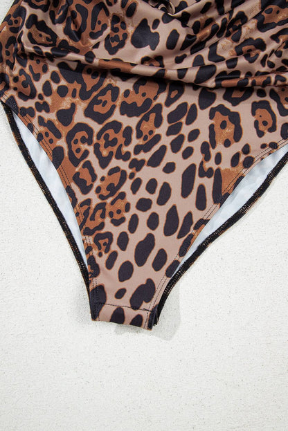 Brown Spaghetti Straps Ruched Leopard Bodysuit for Women