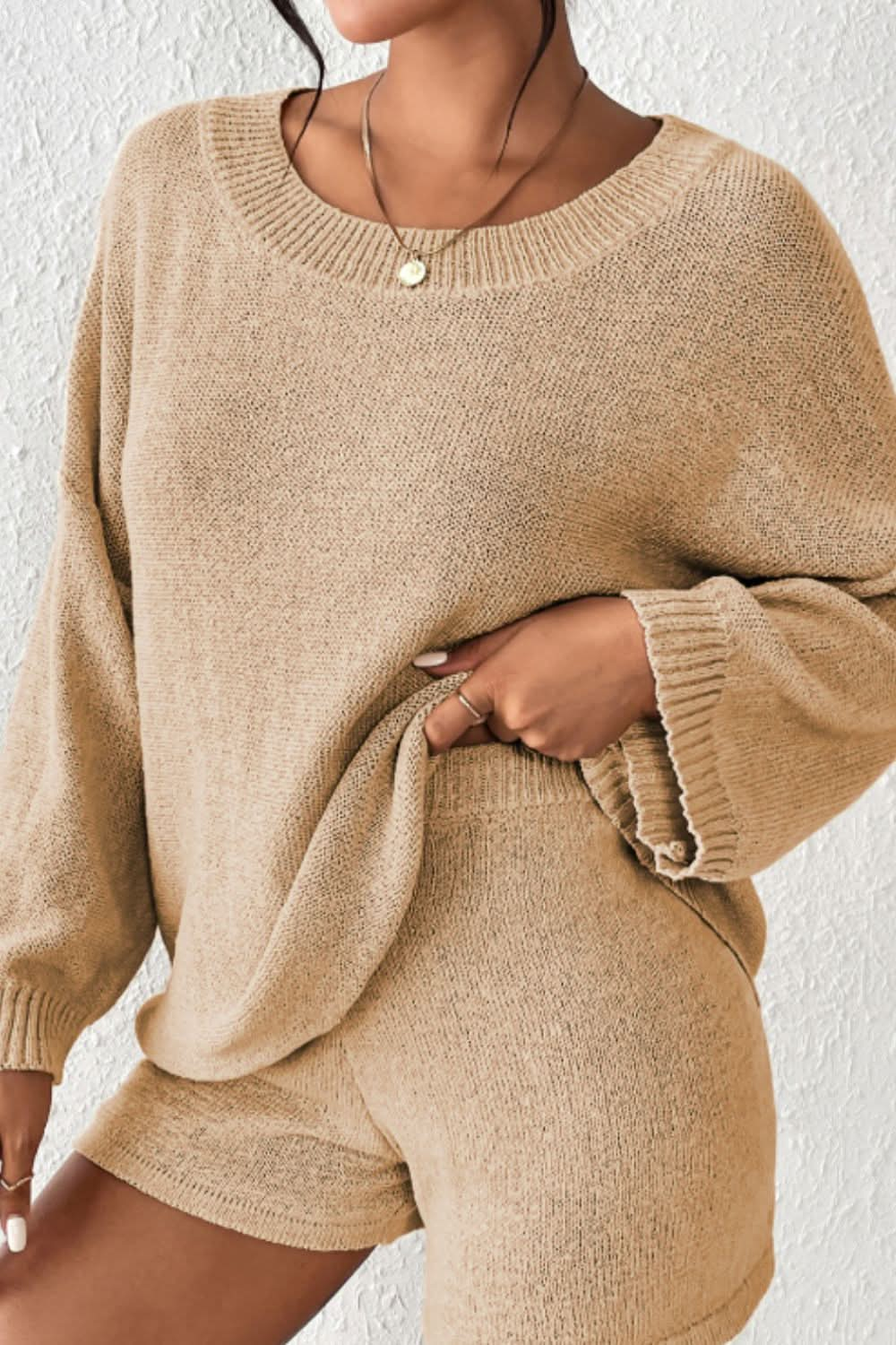 Cozy Round Neck Sweater Set with Drop Shoulder and Drawstring Shorts