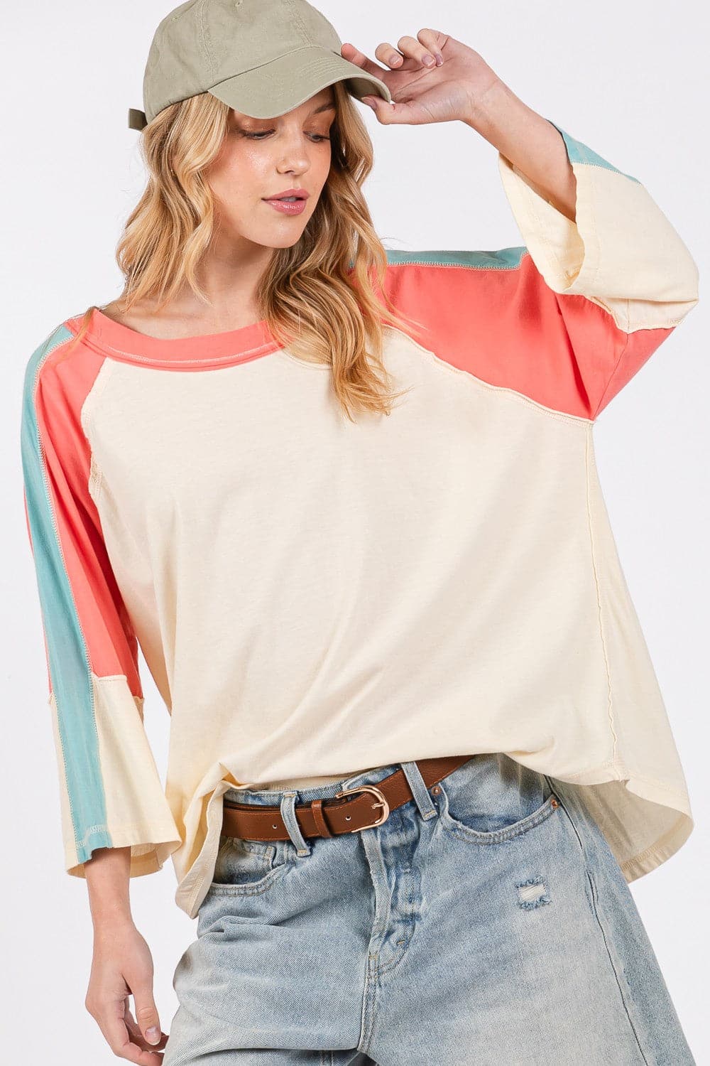 SAGE + FIG Color Block Curved Hem T-Shirt.