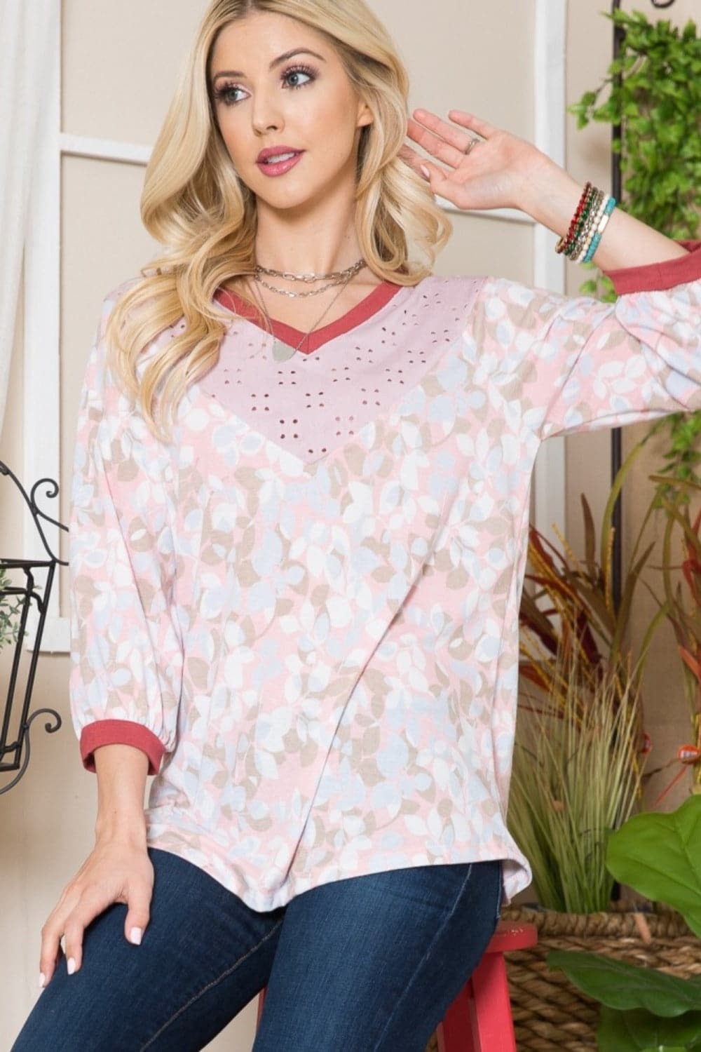 Celeste Full Size Leaf Print Contrast Trim Balloon Sleeve Top.