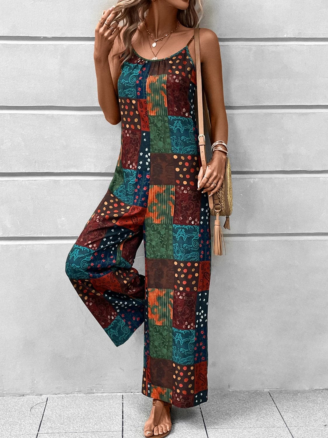 Printed Scoop Neck Spaghetti Strap Jumpsuit.