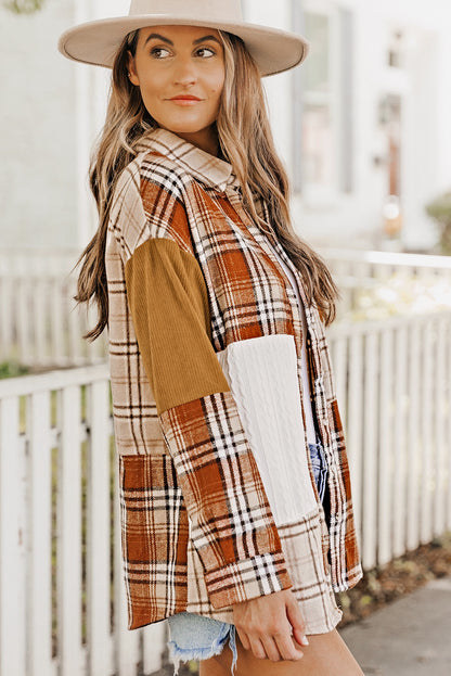 Vibrant orange plaid patchwork shirt jacket with practical pockets