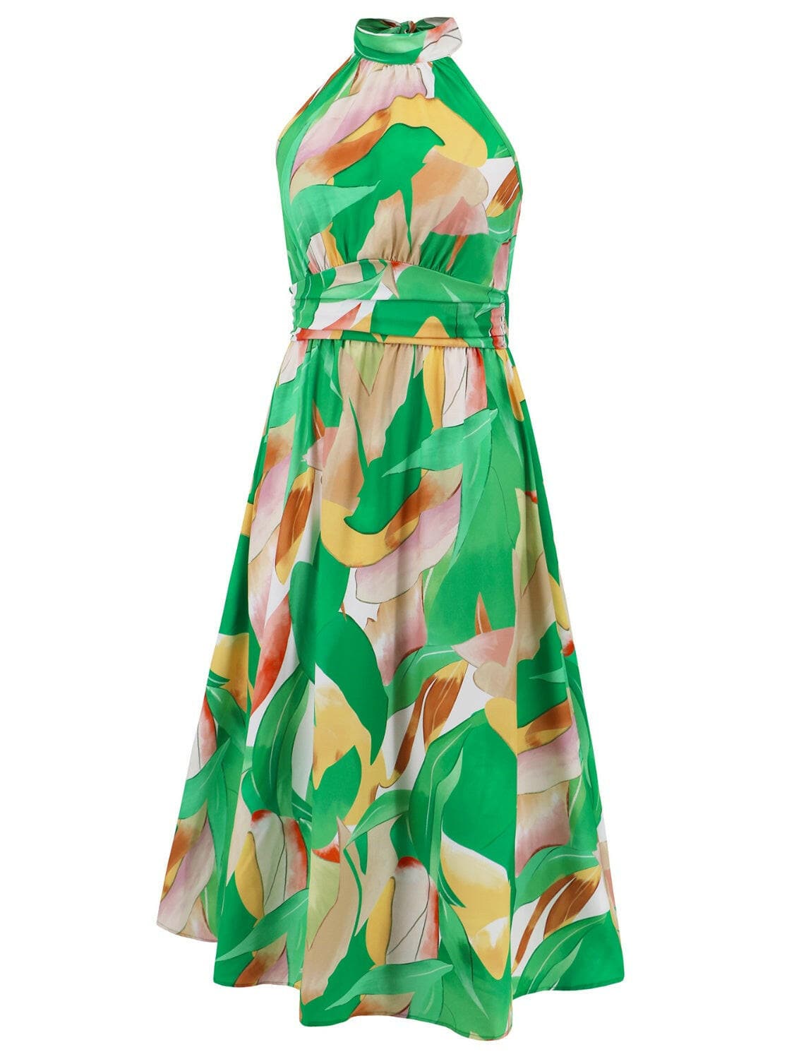 Ruched Printed Halter Neck Sleeveless Dress.