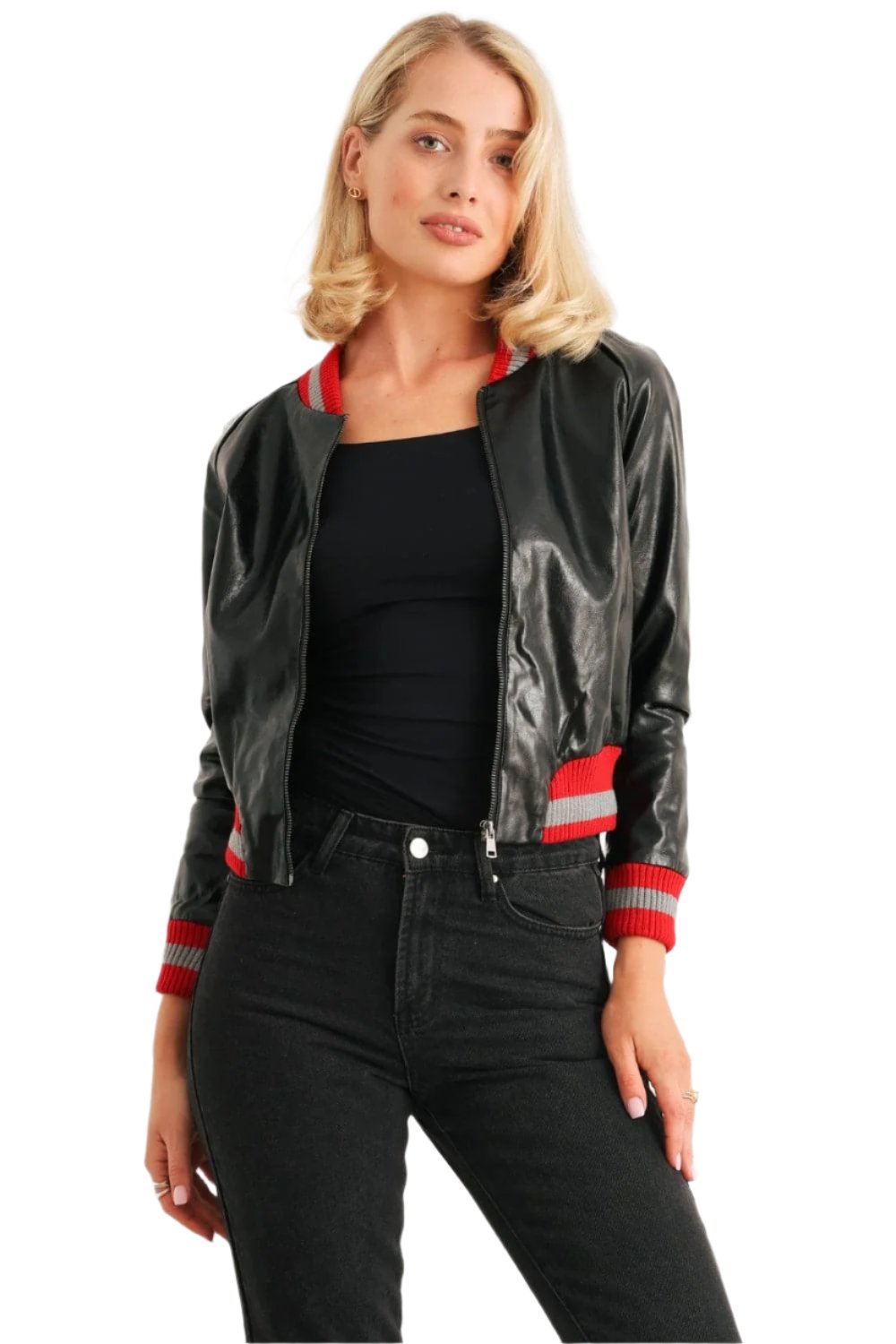 Comme PU Leather Baseball Collar Long Sleeve Jacket.