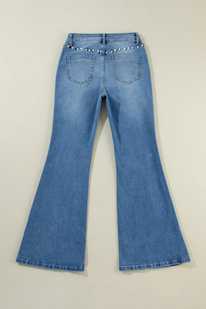 Dusk Blue Pearl-Studded Boot Cut Jeans for Effortless Style