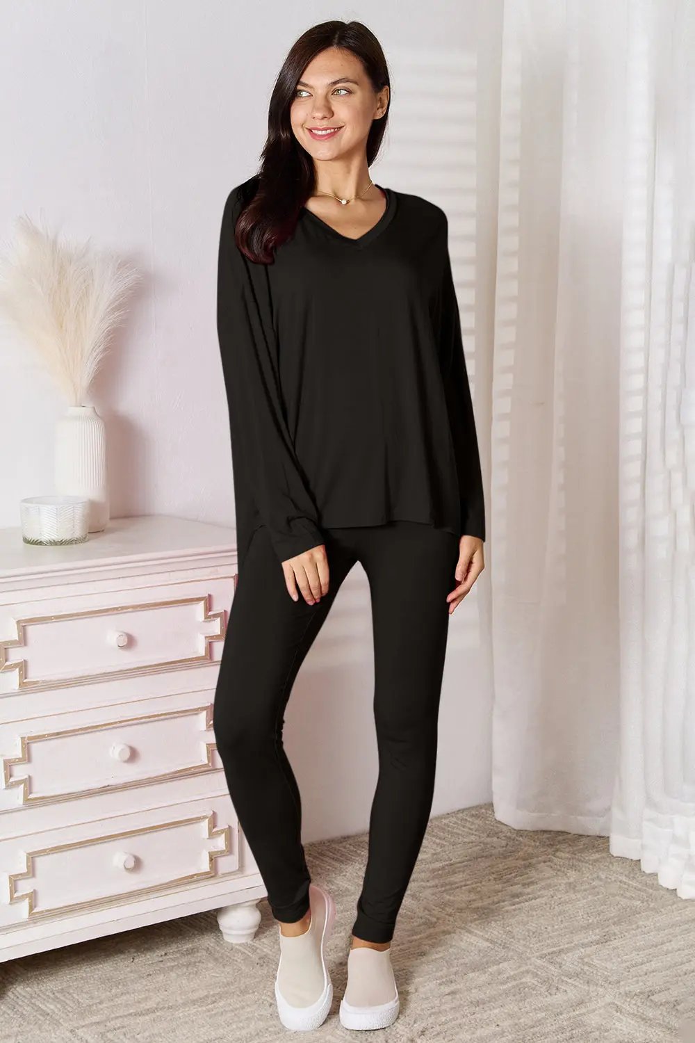 Basic Bae Full Size V-Neck Soft Rayon Long Sleeve Top and Pants Lounge Set - Love Salve