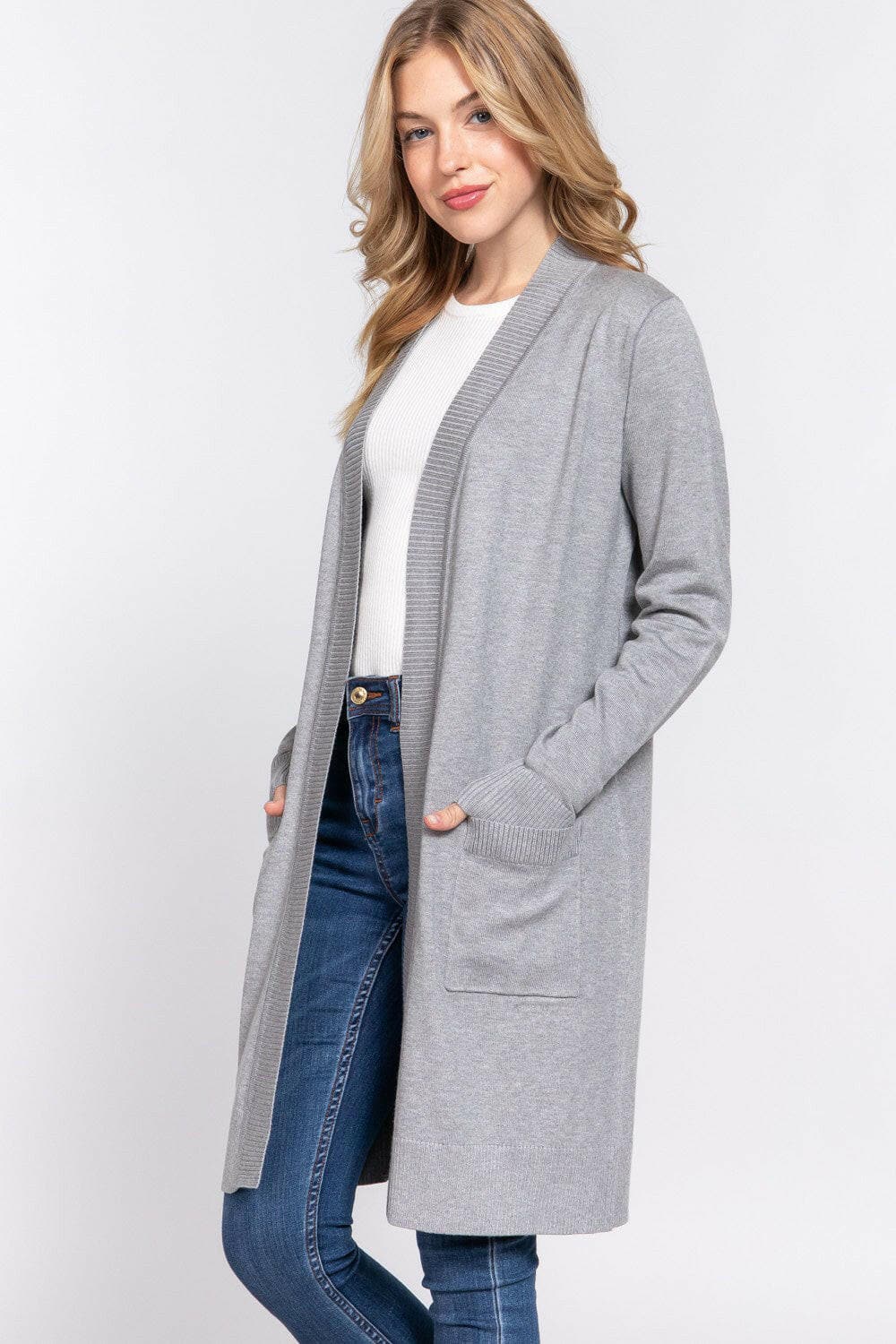 ACTIVE BASIC Open Front Rib Trim Long Sleeve Knit Cardigan.