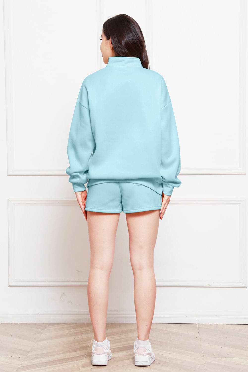 Half Zip Long Sleeve Sweatshirt and Drawstring Shorts Set.