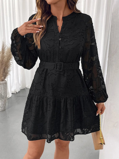 Button-Front Balloon Sleeve Mini Dress
