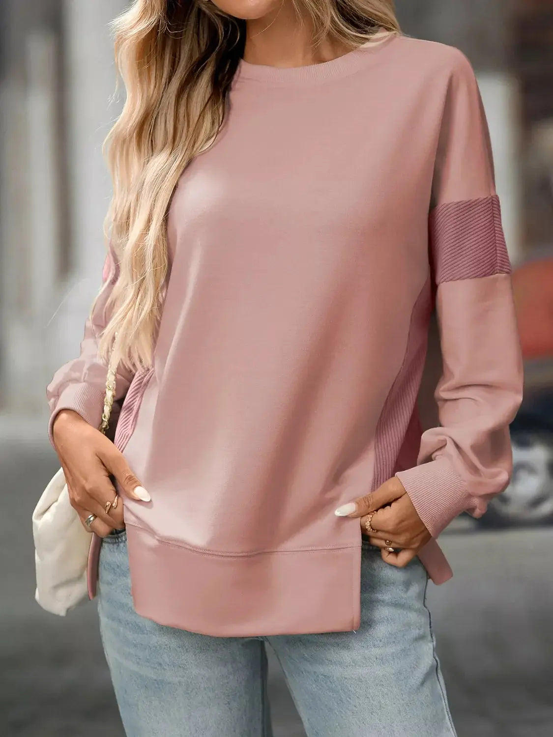 Side Slit Round Neck Sweatshirt Simply Love