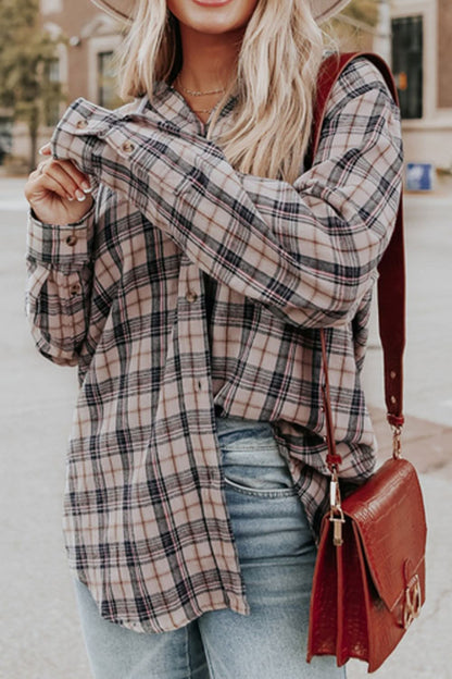 Plaid Drawstring Hooded Long Sleeve Top