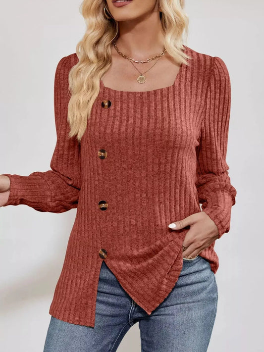 Ribbed Knit Slit Long Sleeve T-Shirt Simply Love