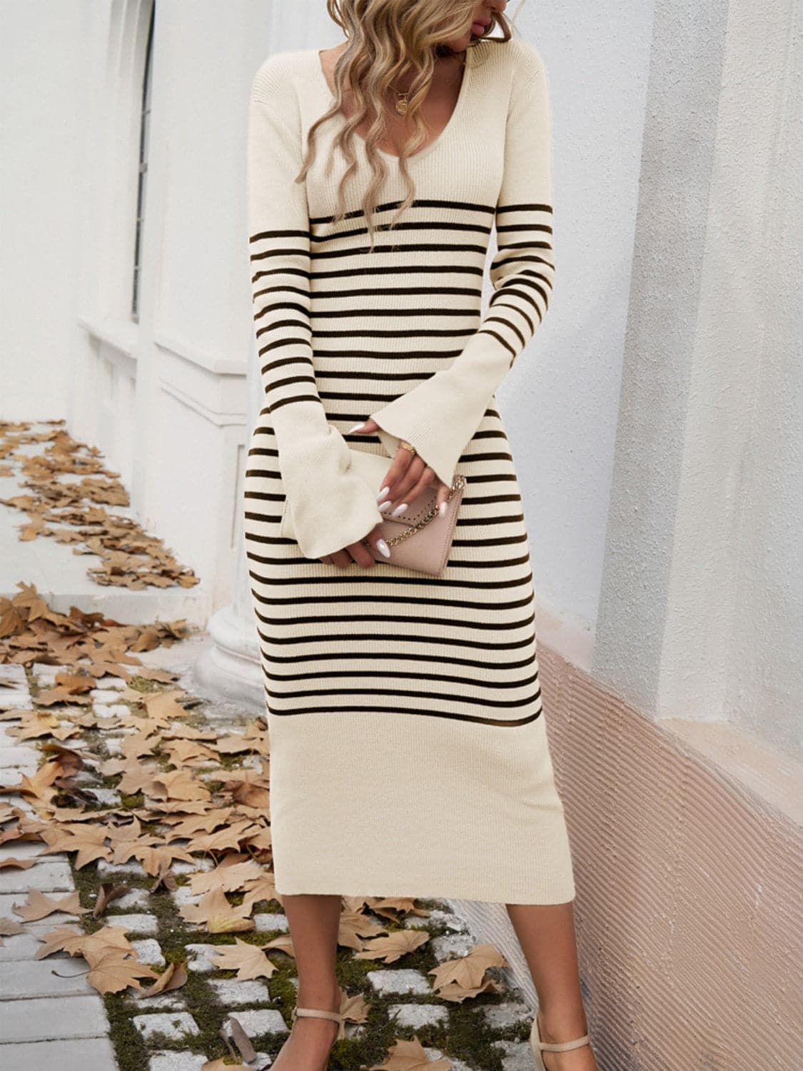 Striped V-Neck Long Sleeve Sweater Dress.