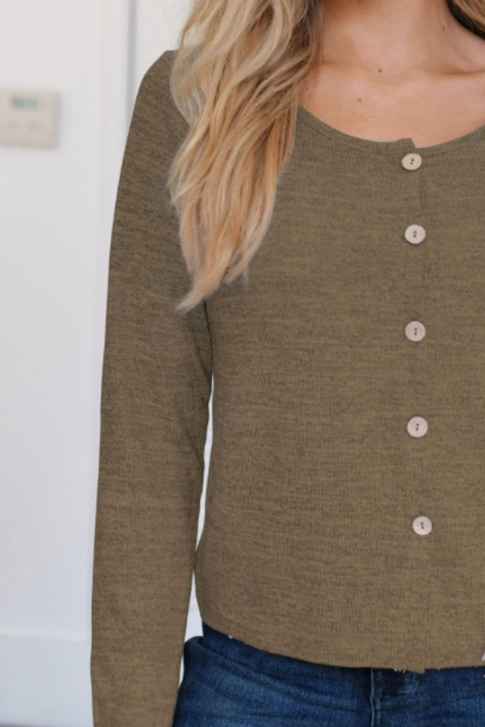 Button Up Round Neck Long Sleeve Cardigan.