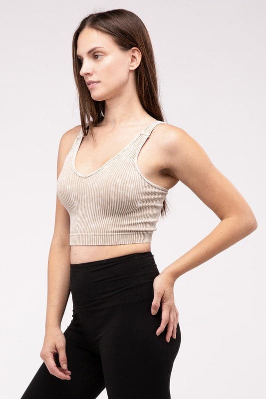 Washed Ribbed Cropped V-Neck Tank Top.