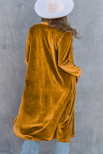 Chic yellow velvet long sleeve coat with practical pockets