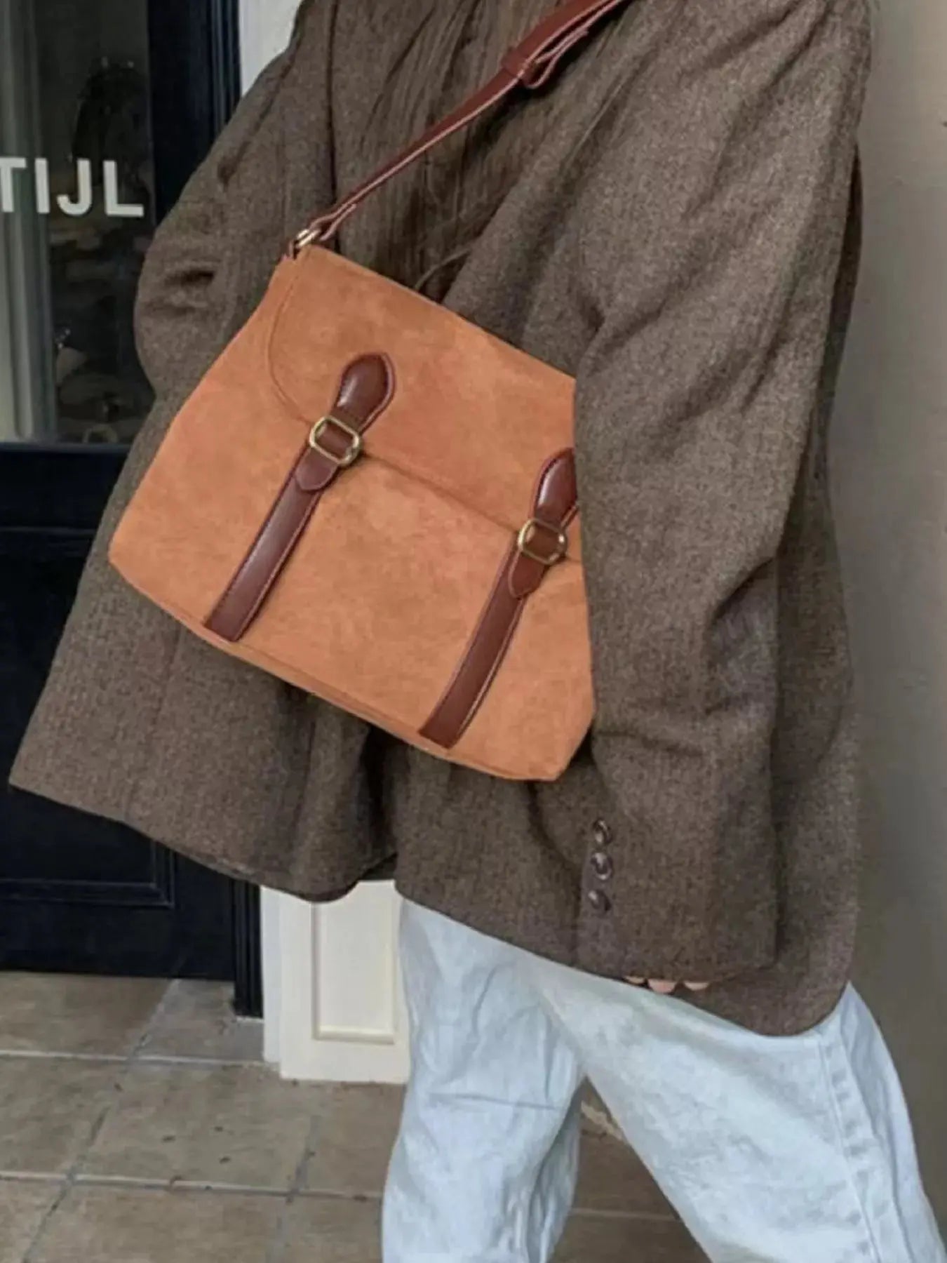 Tan Suede Double Buckle Crossbody Bag With Adjustable Straps Simply Love