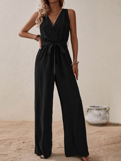 Tied Surplice Sleeveless Wide Leg Jumpsuit.