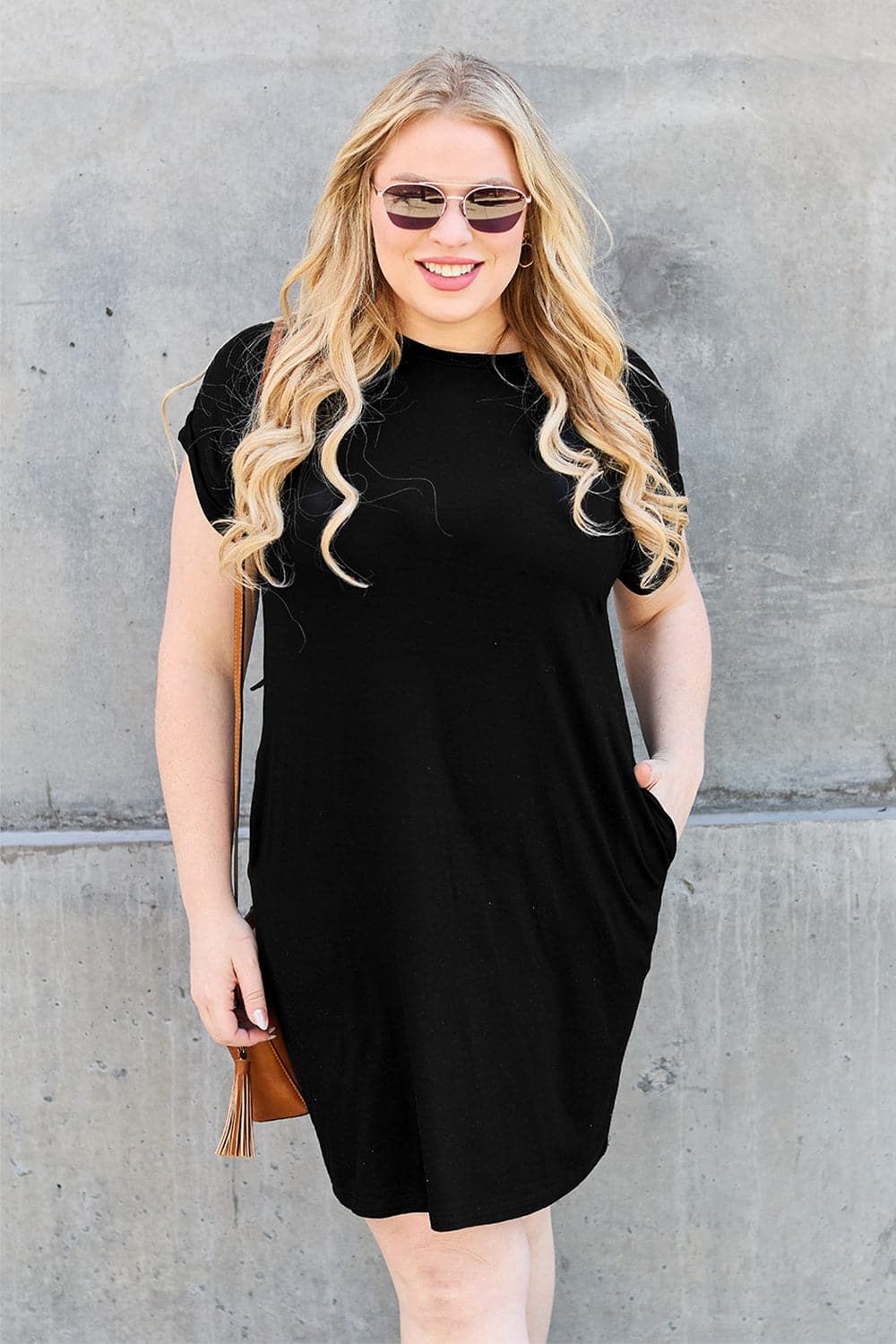 Basic Bae Bamboo Full Size Round Neck Short Sleeve Dress with Pockets.