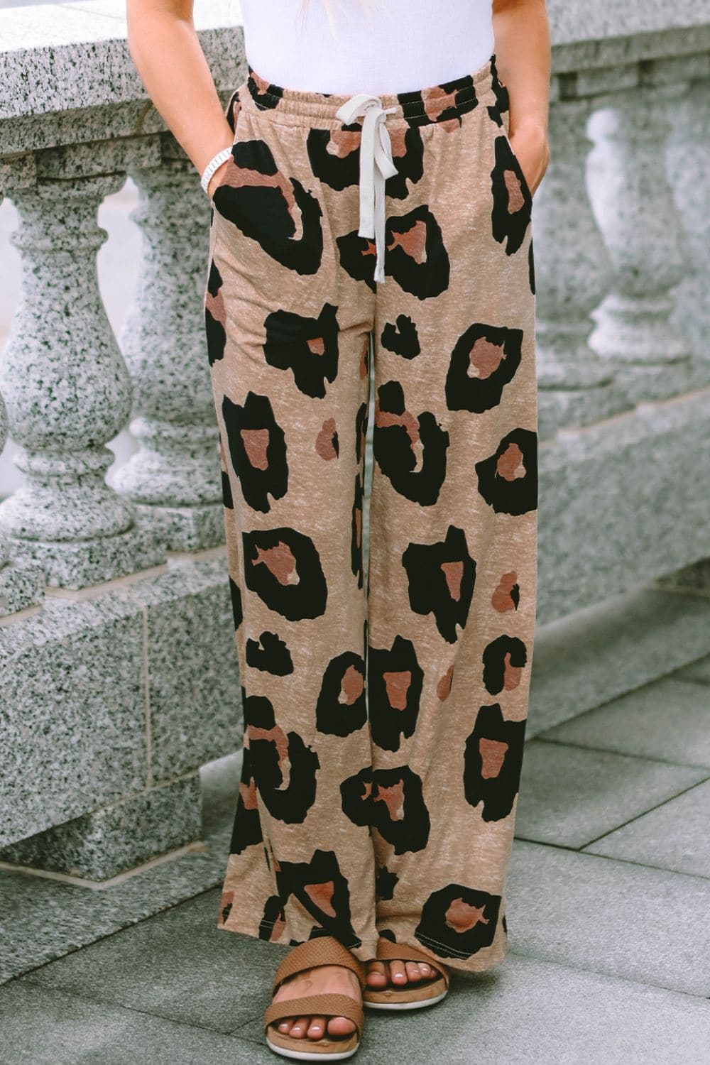 Leopard Drawstring Wide Leg Pants with Pockets.