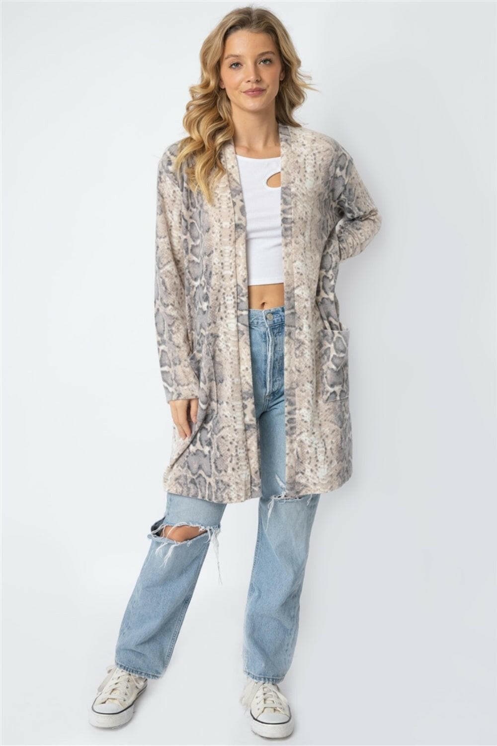 Cherish Apparel Animal Print Flannel Open Front Longline Cardigan.