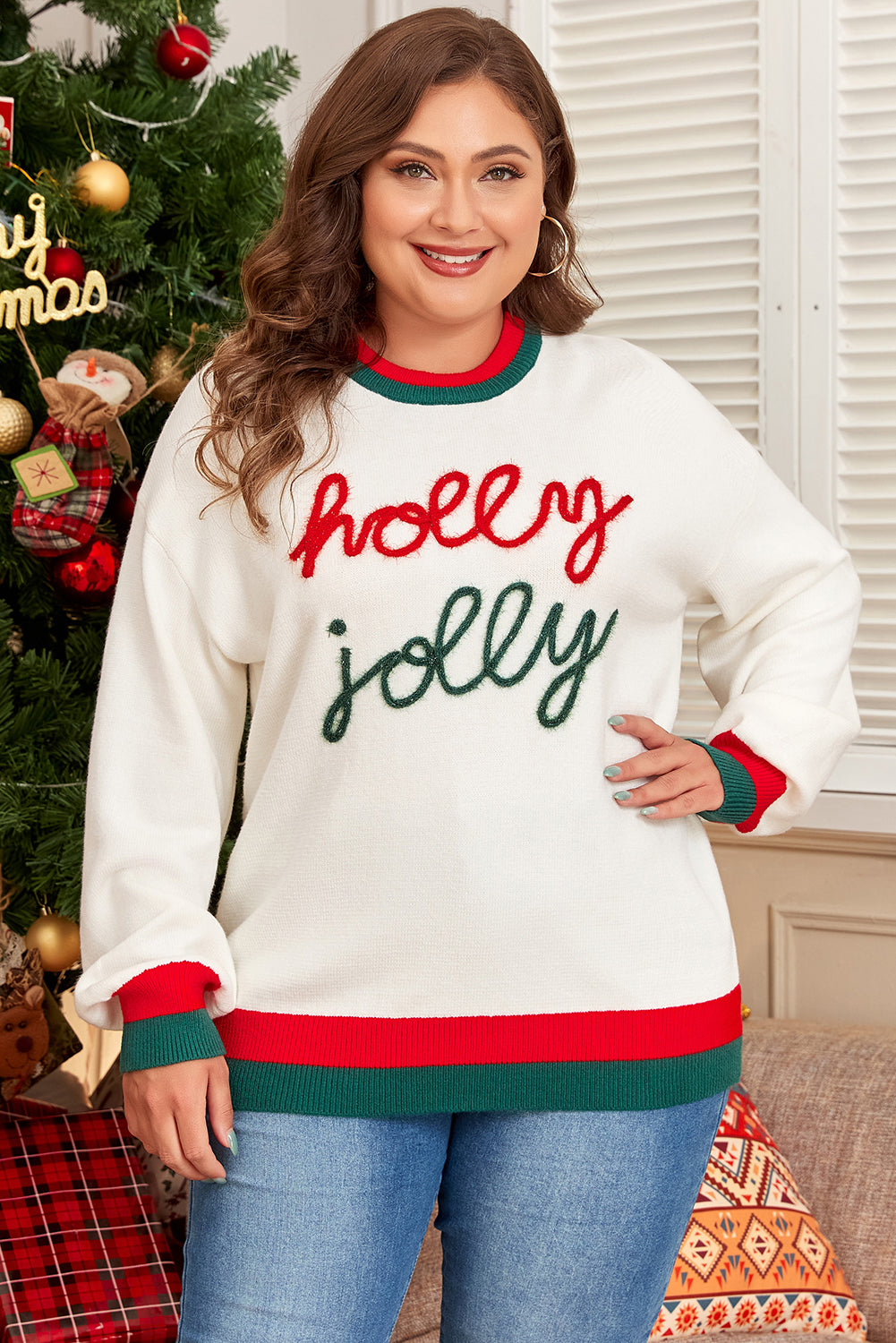 White Tinsel Holly Jolly Colorblock Plus Size Sweater Dear-Lover Dropshipping