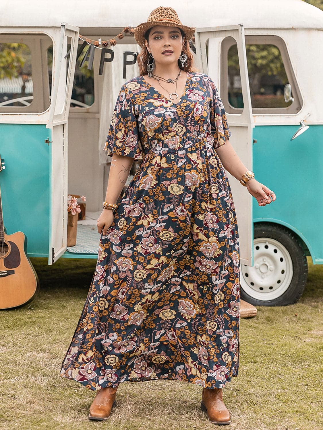 Floral V-Neck Short Sleeve Slit Dress.